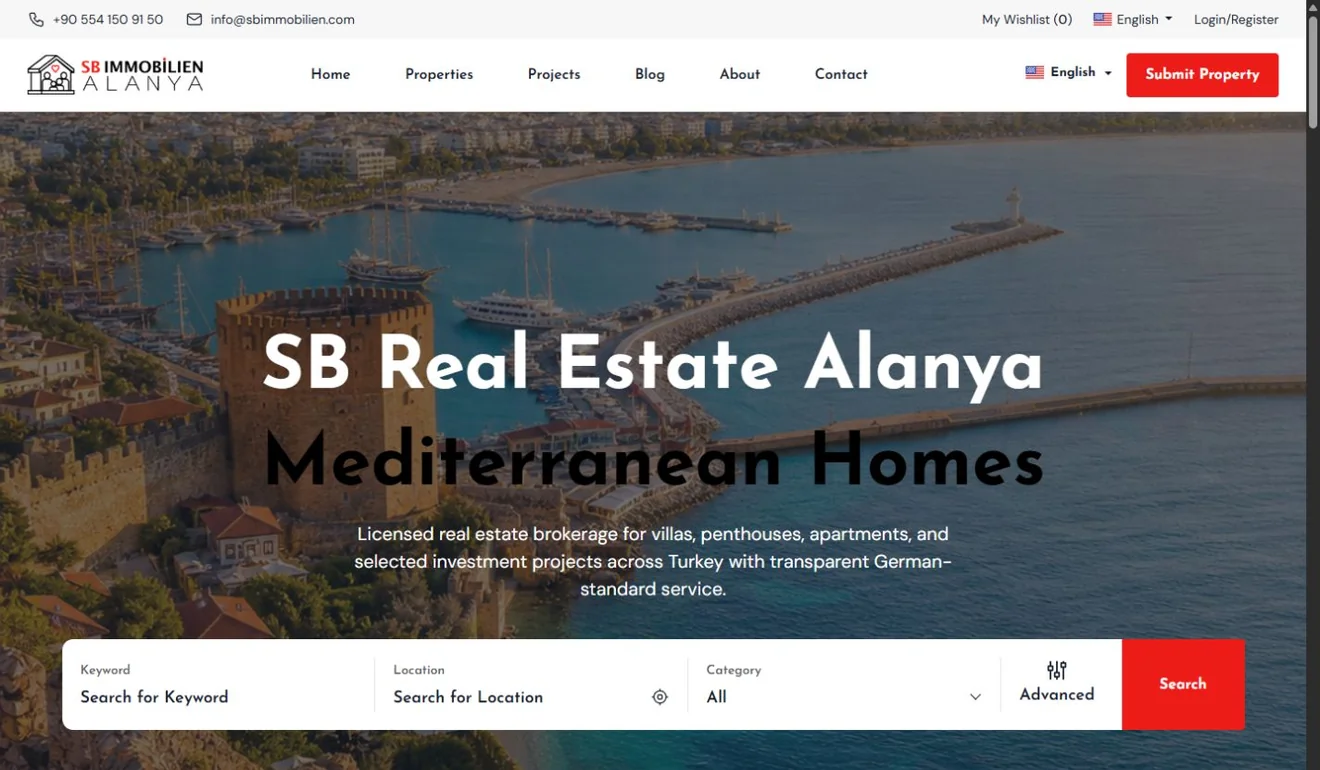 Actual website capture for SB Real Estate Alanya